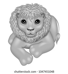Cute gray cartoon lion on white isolated background.
