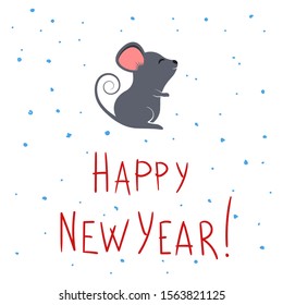 Cute gray cartoon mouse or rat and happy new year lettering. For greeting card for chinese new year 2020. Vector hand-drawn illustration