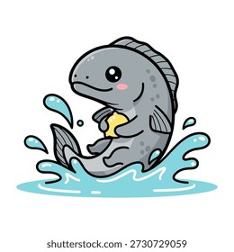 Cute gray cartoon octopus with yellow beak splashing in light blue water