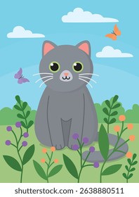 Cute gray cat among flowers and butterflies. Summer illustration of animal sitting on field