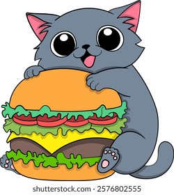 A cute gray cat with big eyes happily hugging an oversized cheeseburger with layers of lettuce, tomato, cheese, and patties