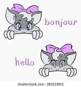 Cute gray cat with a bow.  The cat appears and says 'hello' and 'bonjour'.