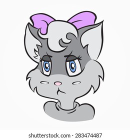 Cute gray cat with a bow. Emotions - anger, resentment.