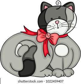 Cute gray cat with bow ribbon