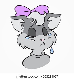 Cute gray cat with a bow. The cat is upset and crying.
