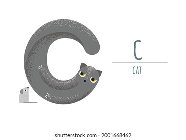cute gray cat catches a little mouse. cat in the form of a letter - C .
children's alphabet. poster, postcard.