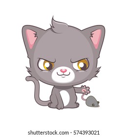 Cute gray cat character about to catch a mouse