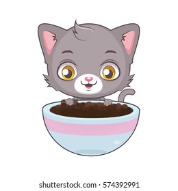 Cute gray cat character being satisfied with food