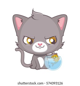Cute gray cat character being ready to catch the fish