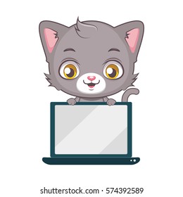 Cute gray cat character holding a laptop