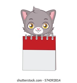 Cute gray cat character holding a blank calendar