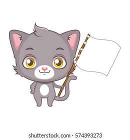 Cute gray cat character holding a blank flag