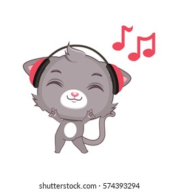 Cute gray cat character listening to music