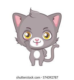 Cute gray cat character pulling faces