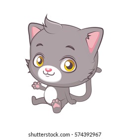 Cute gray cat character sitting and waving