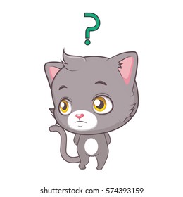 Cute gray cat character thinking