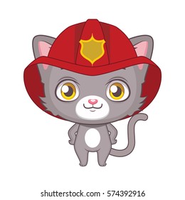 Cute Gray Cat Character Wearing A Fireman Hat