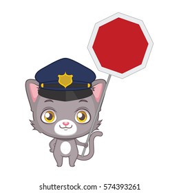 Cute gray cat character wearing a policeman hat and holding a blank street sign