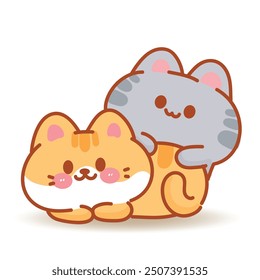 A cute gray cat is clinging onto the back of an orange cat. Cartoon hand drawn vector illustration