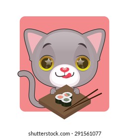 Cute gray cat eager to eat sushi