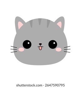 Cute cinza gato face cabeça ícone redondo. Gatinho Kawaii, gatinho. Cartoon personagem engraçada do bebê. Língua rosa. Impressão de adesivo. Design plano. Fundo branco. Isolado. Ilustração vetorial