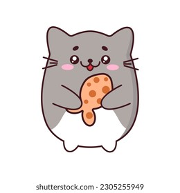 Cute gray cat with a fish cracker in the style of kawaii. Vector illustration. Ideal for prints, stickers, patches, posters and postcards