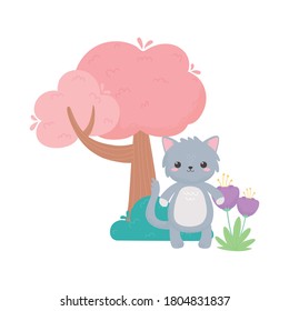 cute gray cat flowers tree bush cartoon animals in a natural landscape vector illustration