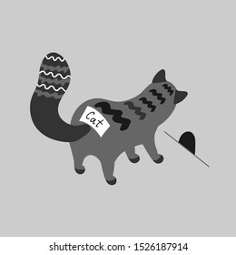 Cute gray cat with a fluffy tail is waiting for a mouse at the hole .Vector illustration.