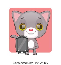 Cute gray cat holding a mobile phone