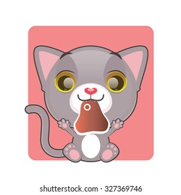Cute gray cat holding a piece of meat in their mouth