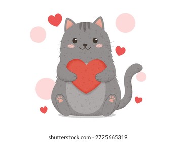 Gato gris lindo que sostiene la ilustración roja del día de San Valentín del corazón - gatito Kawaii con los lunares y los corazones rosados, Arte vectorial de la historieta