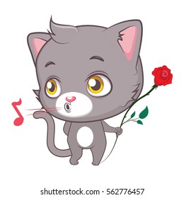 Cute gray cat holding a rose and whistling