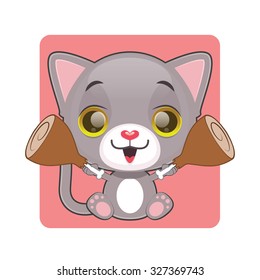 Cute gray cat holding two pieces of chicken meat in their hands