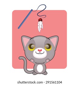 Cute gray cat jumping to catch toy