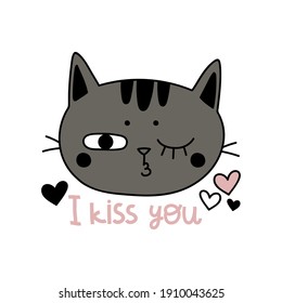 cute gray cat kiss cartoon vector, lettering about love, card for valentine's day