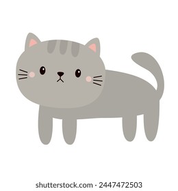 Cute gray cat kitten kitty standing. Cartoon kawaii pet baby animal character. Round face icon. Meow. Funny baby. Greeting card. Sticker print. Happy Valentines day Flat design White background Vector