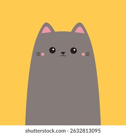 Cute gray cat kitten kitty face head icon. Pink ears, cheeks. Funny kawaii doodle animal. Cartoon funny baby character. Pet collection. Childish style. Flat design. Yellow background. Isolated. Vector