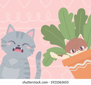 cute gray cat and kitten in potted plant pets vector illustration