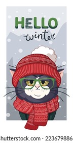 Cute gray cat in the knitted hat and scarf with Christmas ornament on the black background. Hello winter. Cute character for winter cards, posters
