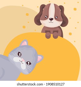 cute gray cat and little puppy domestic animals pet vector illustration
