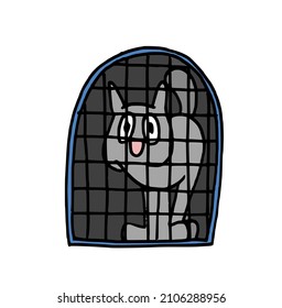 Gato gris lindo encerrado dentro de una jaula de mascotas. Ilustración vectorial dibujada a mano aislada en fondo blanco.