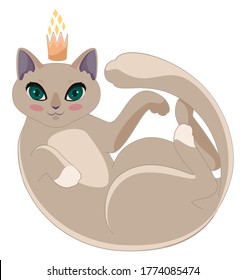 A cute gray cat lying down, wearing a crown