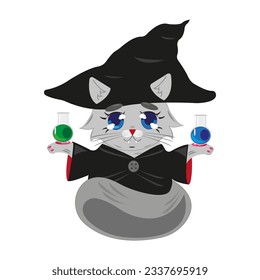 Cute gray cat in magic hat with potion. Flat design style vector illustration.