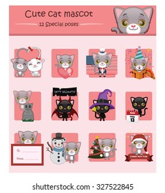 Cute gray cat mascot illustration with 12 special poses for events