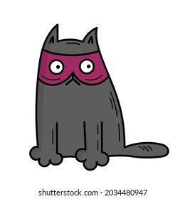 Cute gray cat in a mask for Halloween. Doodle style illustration