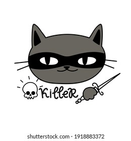 cute gray cat in mask with knife, sticker cartoon vector, lettering