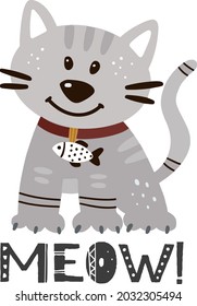 Cute gray cat and meow slogan vector design