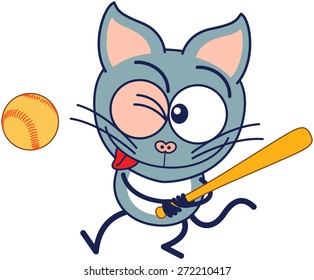 Cute gray cat in minimalistic style with pointy ears, bulging eyes and long tail while winking, firmly grabbing the bat and staring at the ball to be be ready to hit it