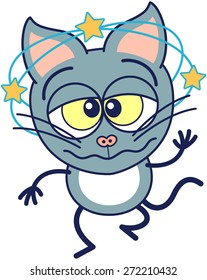 Cute gray cat in minimalistic style with pointy ears, bulging eyes and long tail while showing yellow stars turning around its head, walking unsteadily and trying to keep balance when feeling dizzy