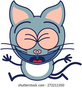 Cute gray cat in minimalistic style with pointy ears and long tail while clenching its bulging eyes, laughing and jumping as for celebrating something in an animated way